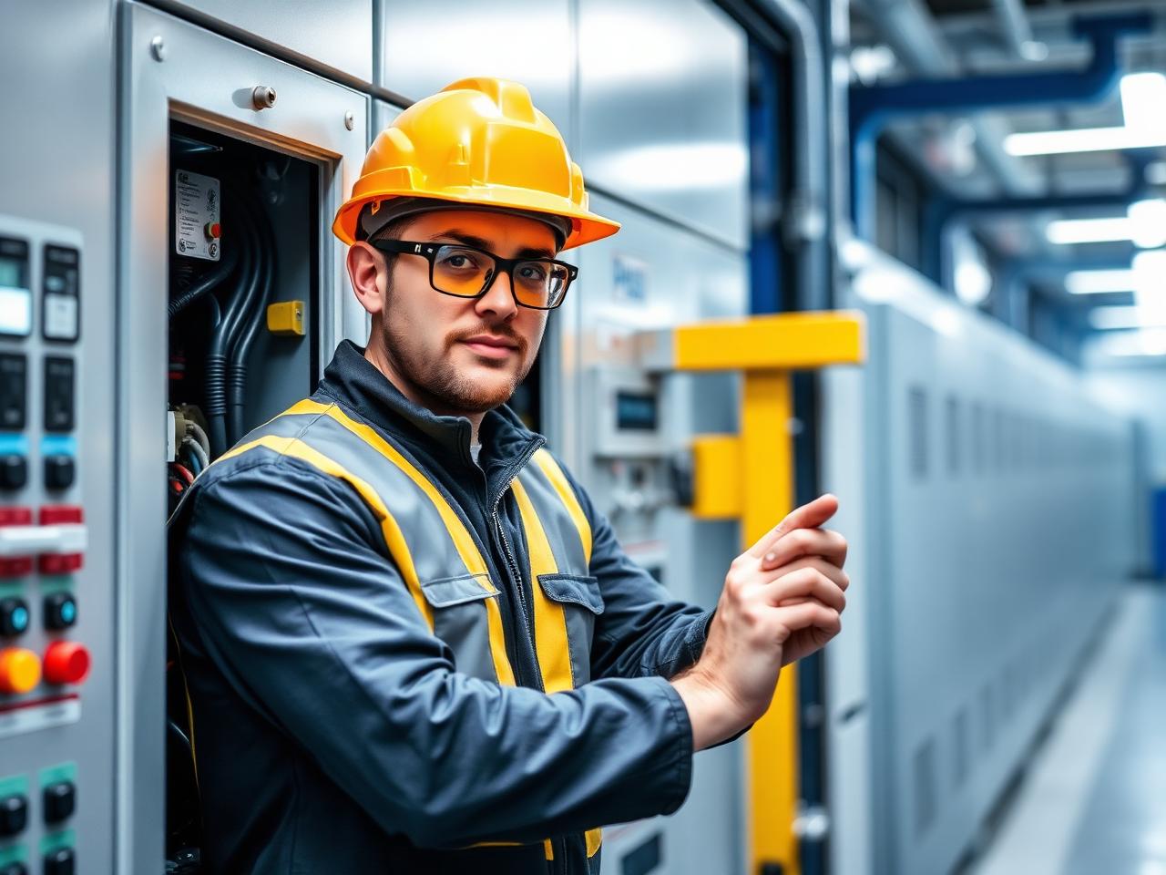Ingeniero eléctrico con equipo de protección personal trabajando en un tablero industrial